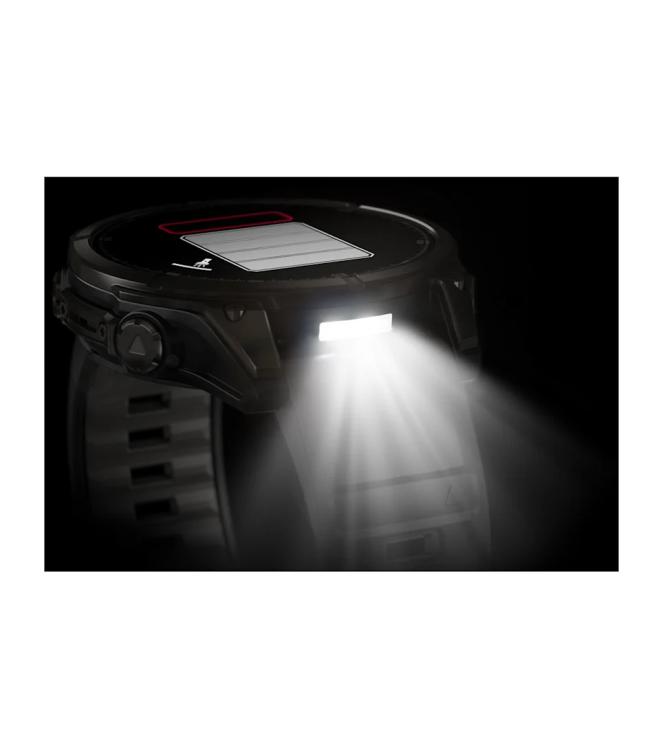 Garmin Garmin fenix 8 47 mm, AMOLED Sapphire Carbon grey DLC-ti zwarte/pebble grey siliconen band 010-02904-21 zwarte/pebble grey siliconen band Garmin orientatie 010-02904-21 licht grijs bij Leerentveldvrijetijd.nl