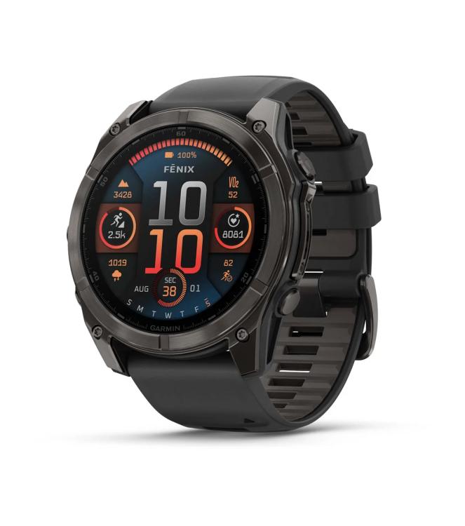 Garmin Garmin fenix 8 51 mm, AMOLED Sapphire Carbon grey DLC-ti zwarte/pebble grey siliconen band 010-02905-21 zwarte/pebble grey siliconen band Garmin orientatie 010-02905-21 licht grijs bij Leerentveldvrijetijd.nl