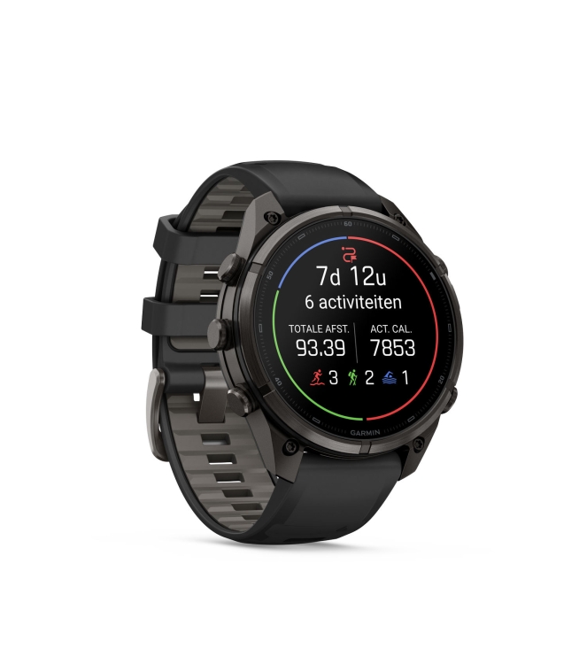 Garmin Garmin Fenix 9 Pro inReach 47mm Carbon Grey DLC titanium siliconen band in zwart/pebble 010-04336-11 siliconen band in Zwart/Pebble Garmin orientatie 010-04336-11 licht grijs bij Leerentveldvrijetijd.nl