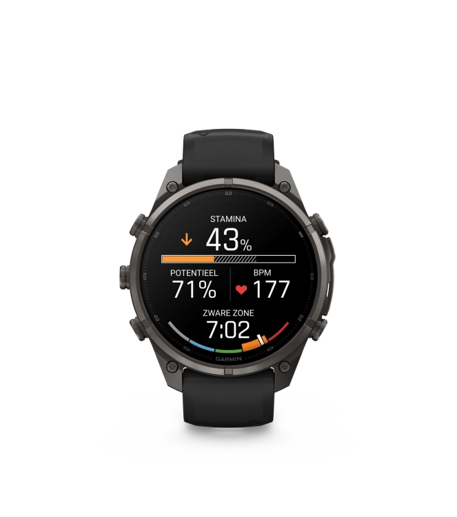 Garmin Garmin Fenix 9 Pro inReach 47mm Carbon Grey DLC titanium siliconen band in zwart/pebble 010-04336-11 siliconen band in Zwart/Pebble Garmin orientatie 010-04336-11 licht grijs bij Leerentveldvrijetijd.nl
